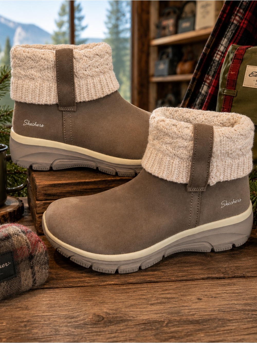 Skechers EasyGoing Cozy Weather Boots Womens 8 Taupe MemoryFoam SweaterCuff NWOB